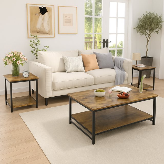Dowellia 3-Piece Coffee Table Set for Living Room, End Table Set with Storage, Includes 1 Coffee Table and 2 End Tables, Rustic Brown