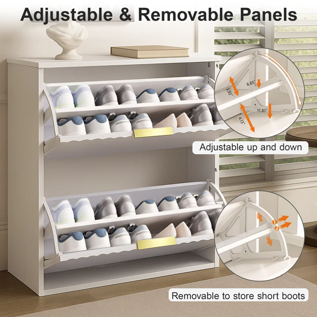 Dowellia Shoe storage cabinet with 2 flip-out drawers, Narrow shoe storage cabinet for entrance hall, Shoe storage cabinet in white wood