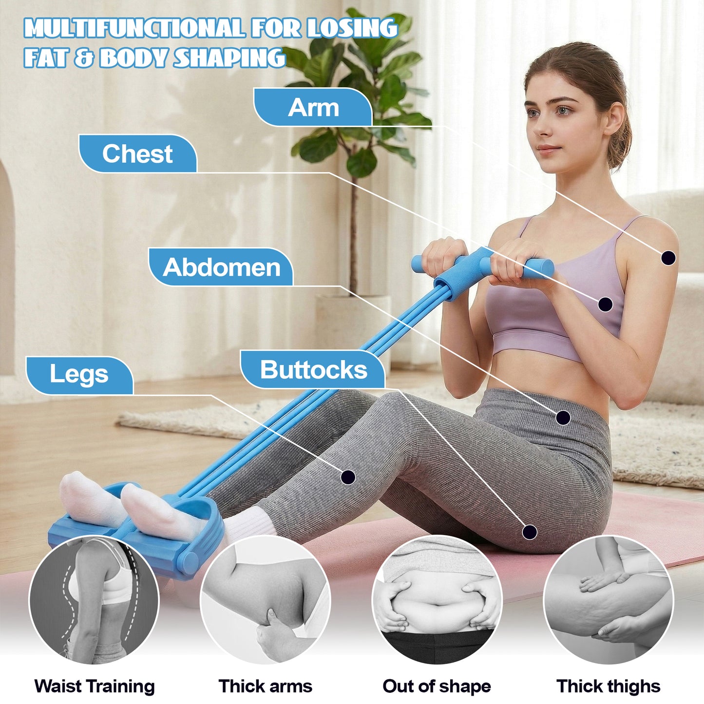 Dowellia Pedal Resistance Bands with Handles, Upgrade 6-Tubes Fitness Stretching Bands for Exercise Abdomen, Waist, Arm, Leg, Multifunction Workout Equipment for Home Gym Equipment, Blue