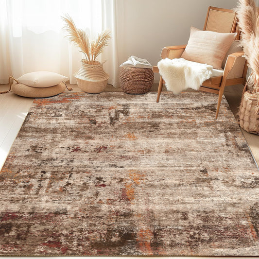 Area Rugs for Living Room 5'x 7' Machine Washable Vintage Print Large Throw Non Slip Bedroom Rugs, Brick Red
