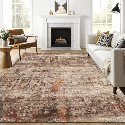 Area Rugs for Living Room 8'x 10' Machine Washable Vintage Print Large Throw Non Slip Bedroom Rugs, Brick Red