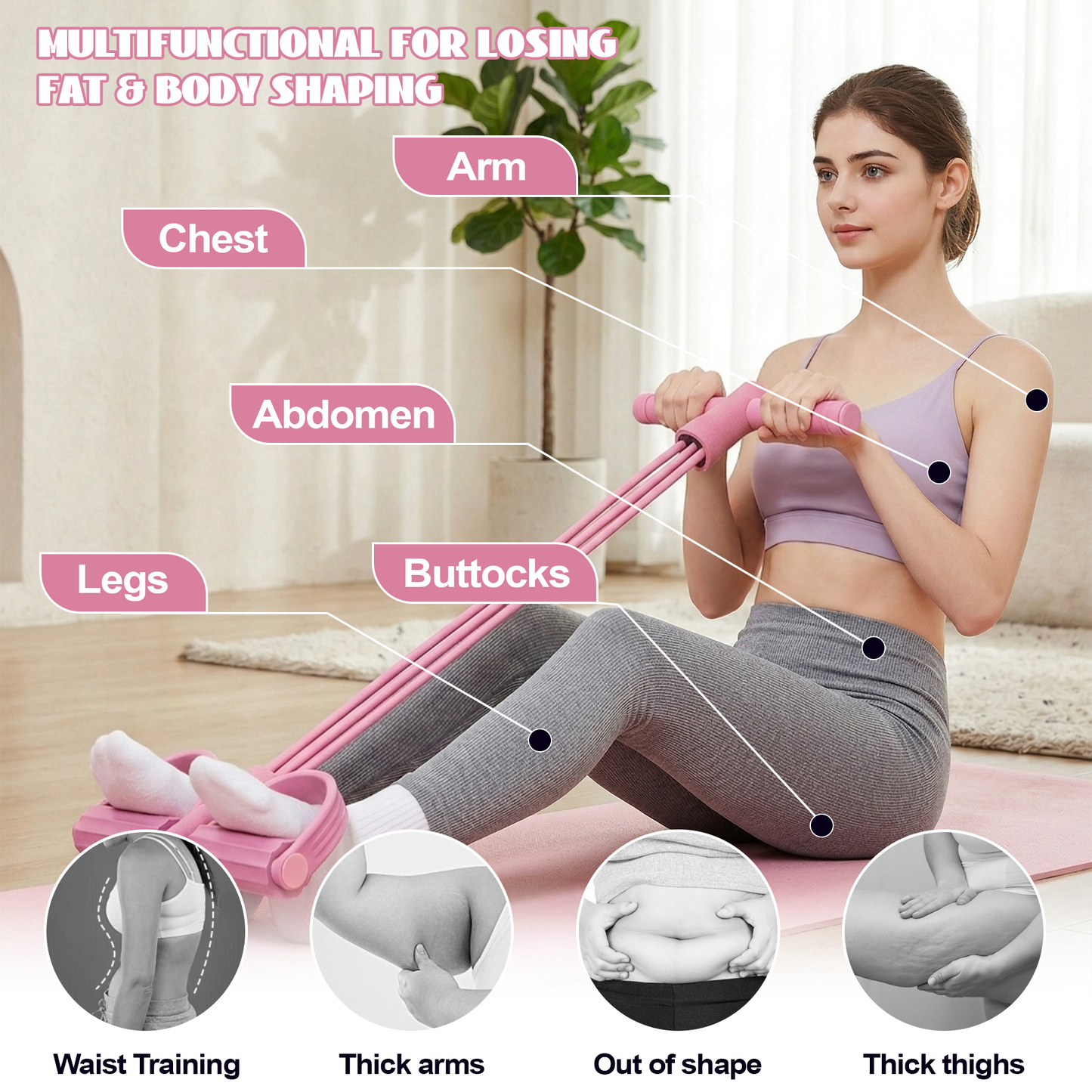 Dowellia Pedal Resistance Bands with Handles, Upgrade 6-Tubes Fitness Stretching Bands for Exercise Abdomen, Waist, Arm, Leg, Multifunction Workout Equipment for Home Gym Equipment, Pink