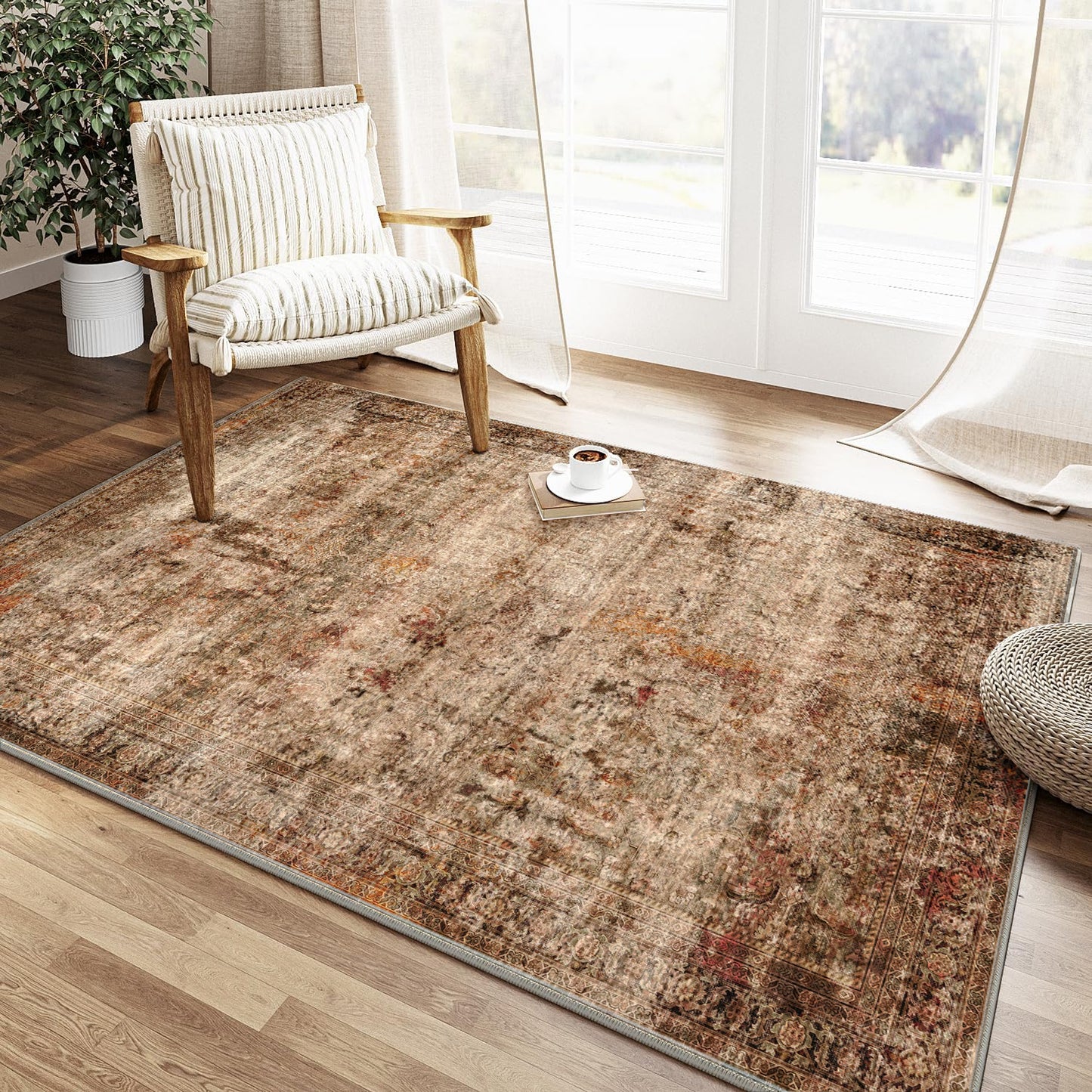 Area Rugs for Living Room 3'x 5' Machine Washable Vintage Print Large Throw Non Slip Bedroom Rugs, Brick Red