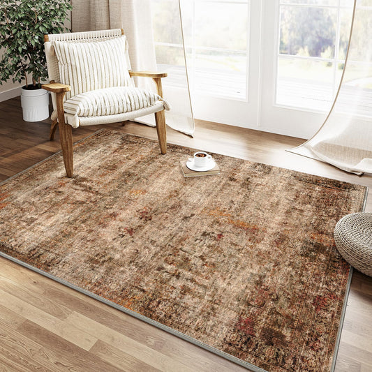 Area Rugs for Living Room 3'x 5' Machine Washable Vintage Print Large Throw Non Slip Bedroom Rugs, Brick Red