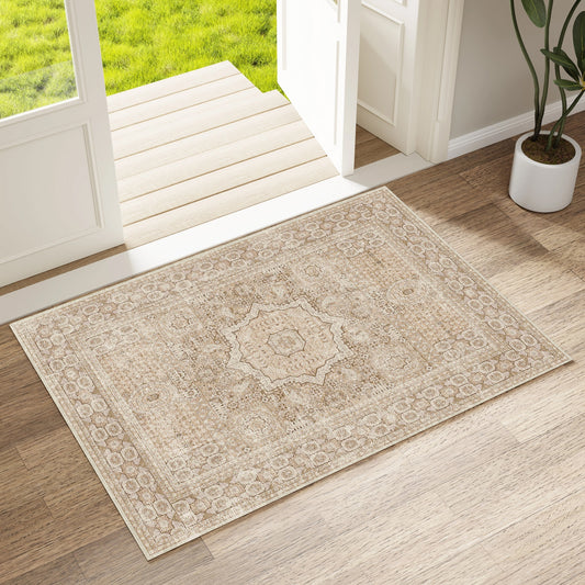 Area Rugs for Living Room 2'x 3' Machine Washable Vintage Print Large Throw Non Slip Bedroom Rugs, Brown