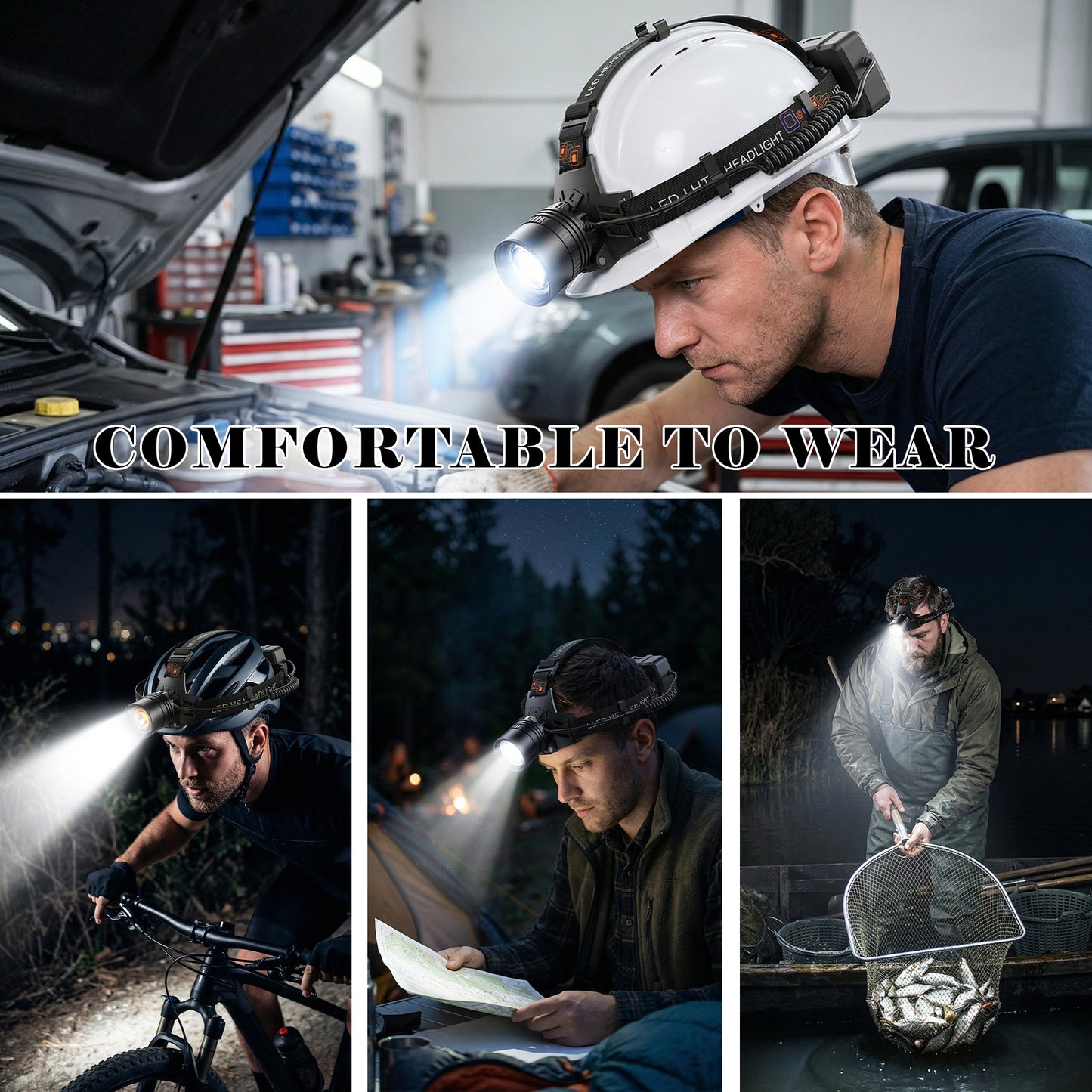 Dowellia LED Headlamp Rechargeable, 1000 Lumen Head Lamp with 3 Modes, IPX6 Waterproof, Zoomable & 90° Adjustable Headlight for Outdoor, Camping, Hiking, Hardhat, 1 Pack