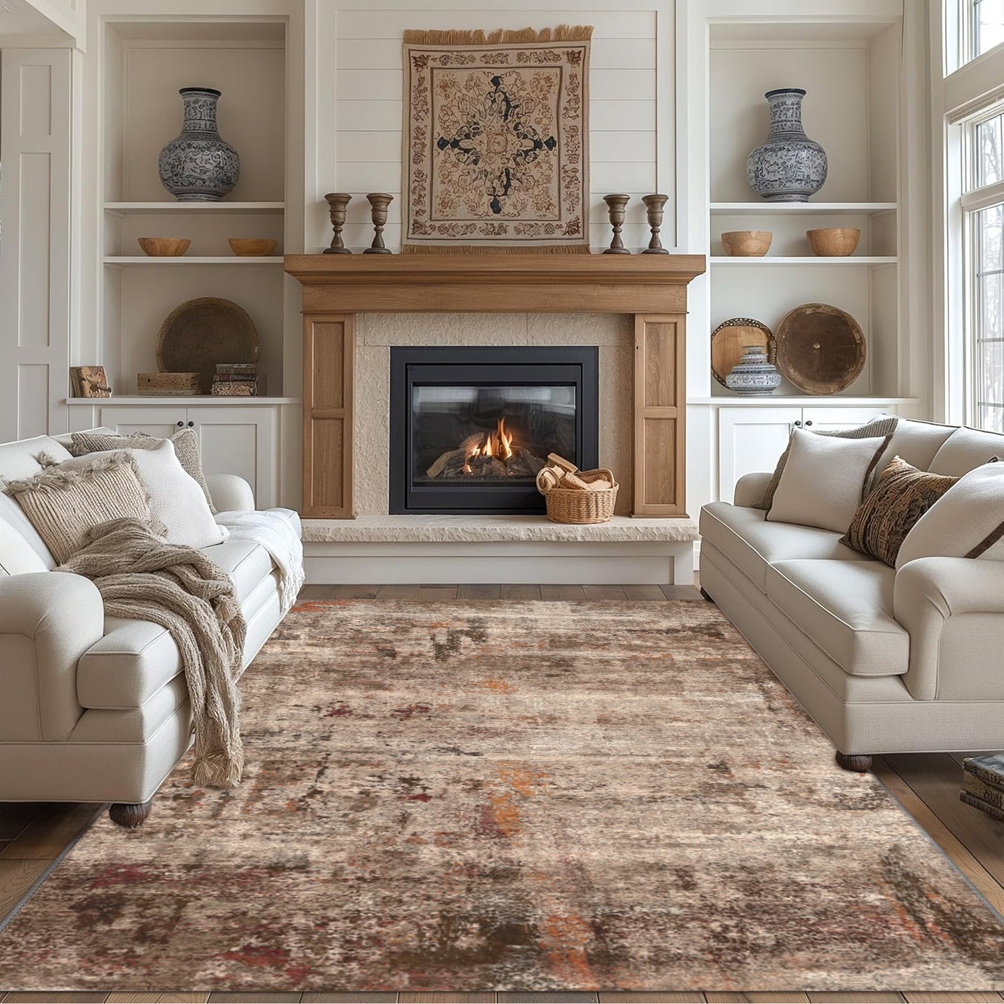 Area Rugs for Living Room 6'x 9' Machine Washable Vintage Print Large Throw Non Slip Bedroom Rugs, Brick Red