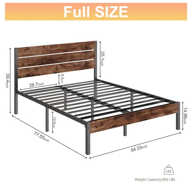 Dowellia Full Size Bed Frame with Headboard and Footboard, Metal Support, Rustic Brown