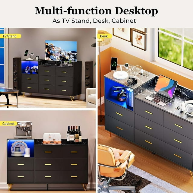 Dresser, Wooden Dresser for Bedroom, 8 Drawer Dresser with Charging Station, Black