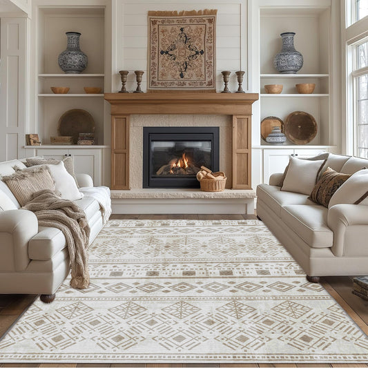 Khaki Boho 6x9 Area Rugs, Washable Kitchen Entry Rug Non Slip, Ultra Soft Print Distressed Geometric Low-Pile Throw Carpet for Bedroom Nursery Dorm Decor