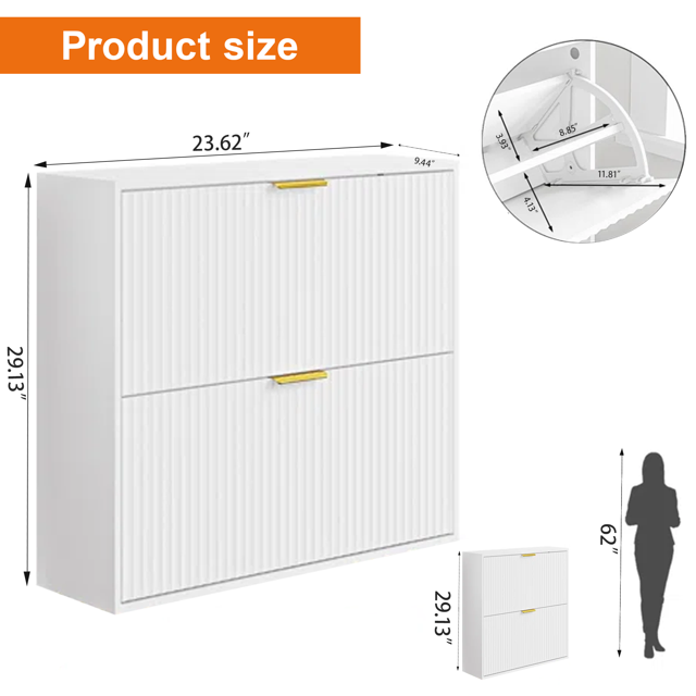 Dowellia Shoe storage cabinet with 2 flip-out drawers, Narrow shoe storage cabinet for entrance hall, Shoe storage cabinet in white wood