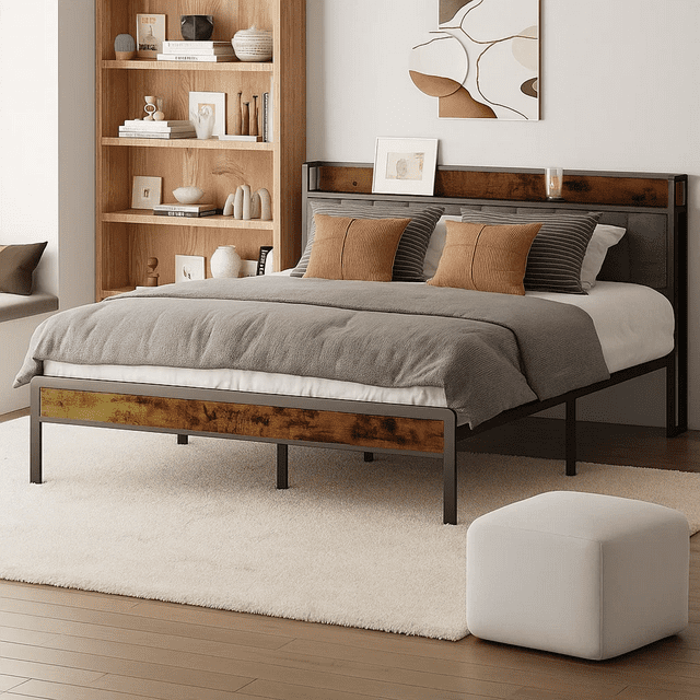Dowellia Queen Bed Frame with Upholstered Storage Headboard and Wood Footboard, Gray