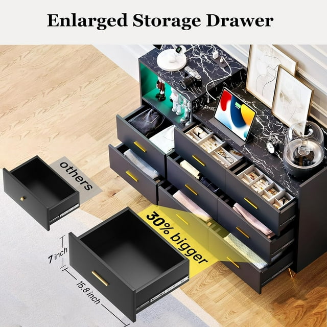 Dresser, Wooden Dresser for Bedroom, 8 Drawer Dresser with Charging Station, Black