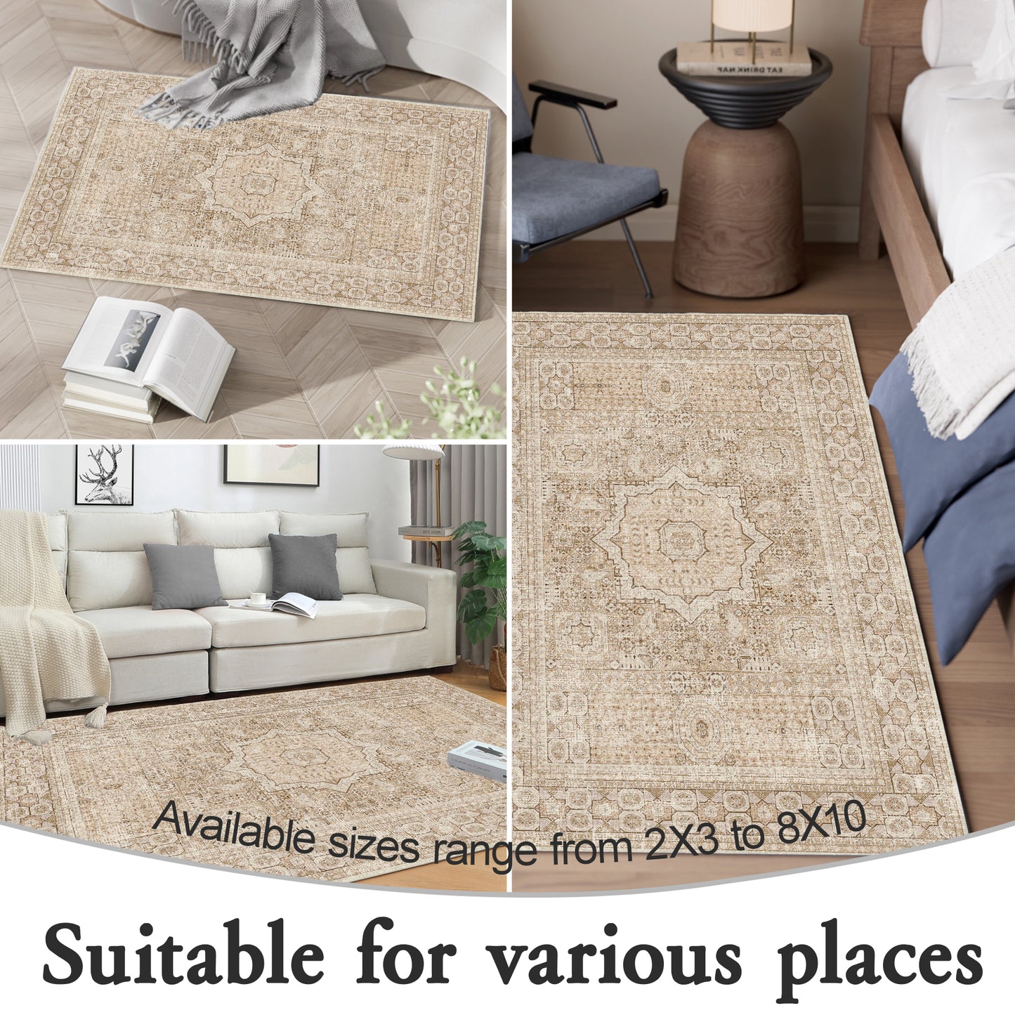 Area Rugs for Living Room 2'x 3' Machine Washable Vintage Print Large Throw Non Slip Bedroom Rugs, Brown