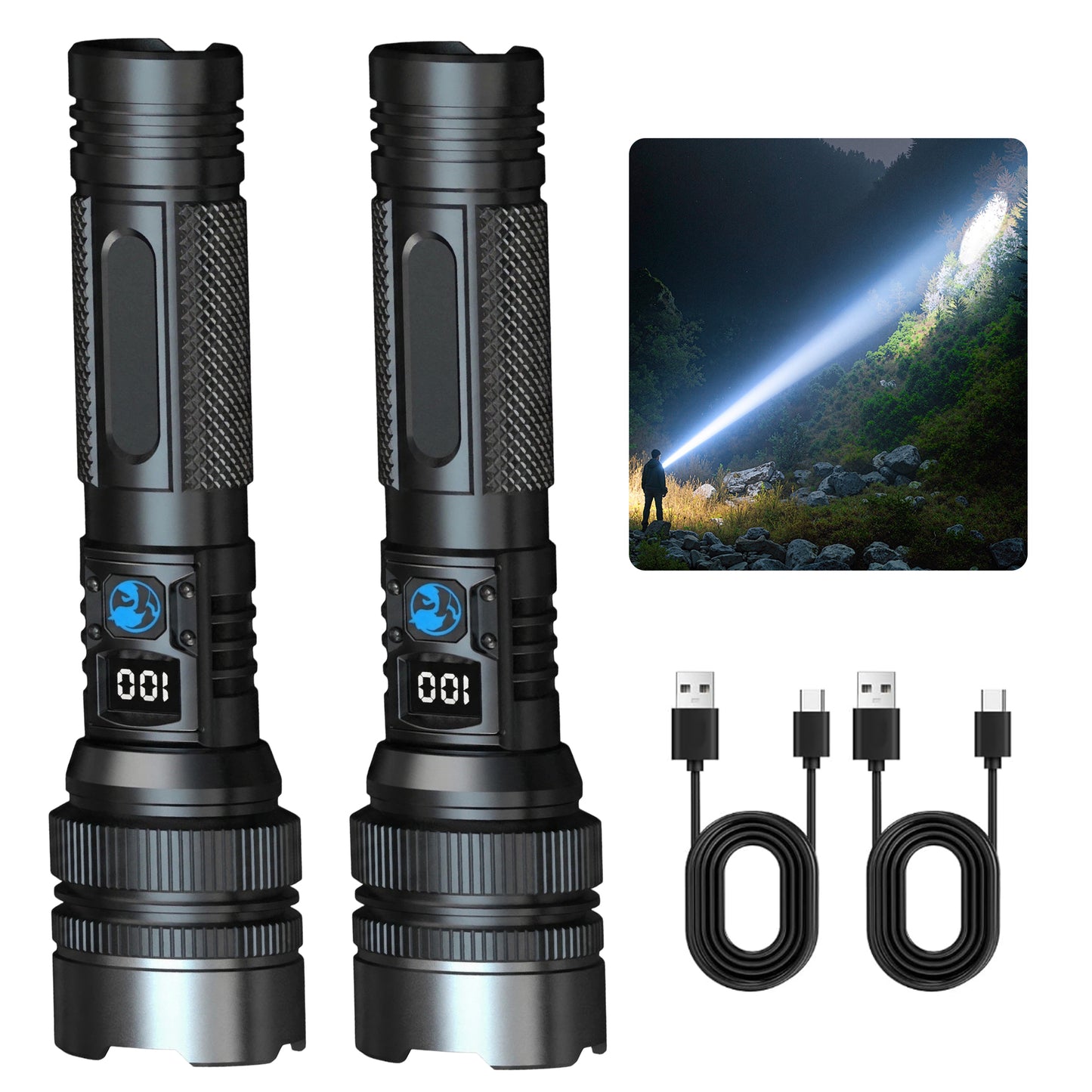 Dowellia Rechargeable Flashlight High Lumens Portable Flash Light with LCD Digital Display, 3 Modes, Waterproof Zoomable Torch for Hiking Camping Emergency Home and Outdoor Use, 2 Pack