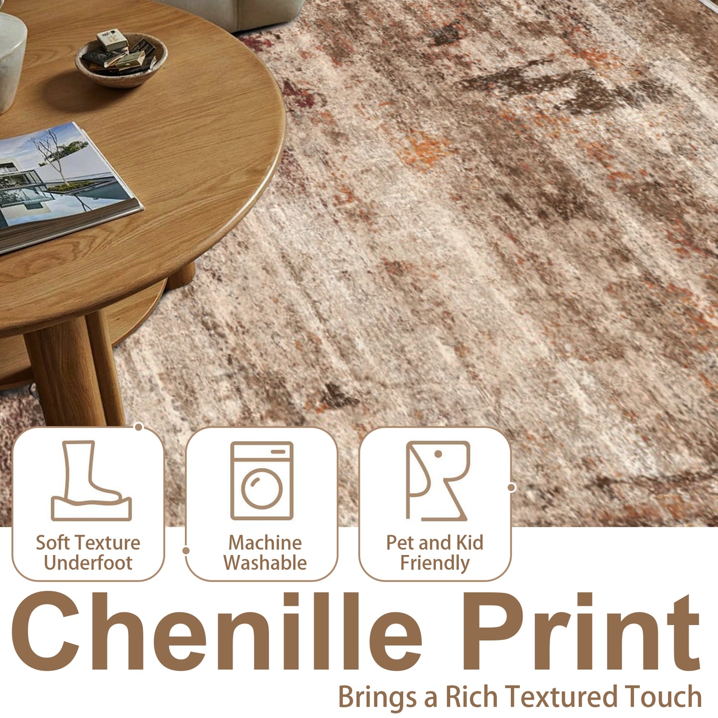Area Rugs for Living Room 5'x 7' Machine Washable Vintage Print Large Throw Non Slip Bedroom Rugs, Brick Red