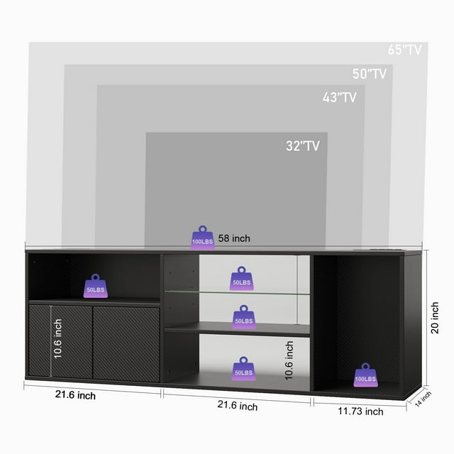 TV Stand for Living Room, Entertainment Center for TVs up to 65 inch, Console Table with Storage Adjustable Shelves, Carbon Fiber