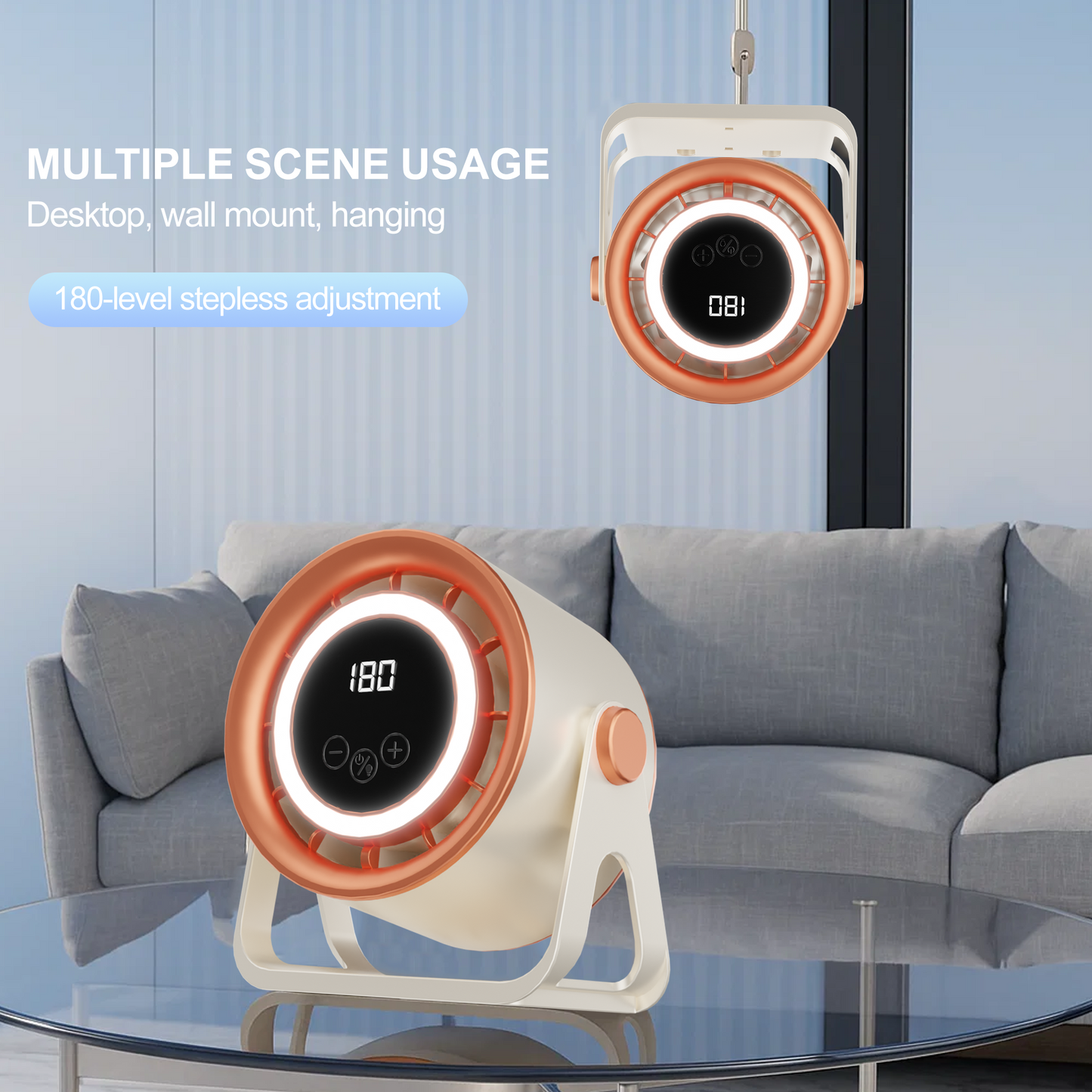 Desk Fan, Rechargeable Portable Fan with Digital Display, 180-Level Seamless Speed Control & 360 ° Rotation, 3-in-1 Air Circulation Fan for Bedroom, Office, Kitchen, Camping, Yellow&Orange