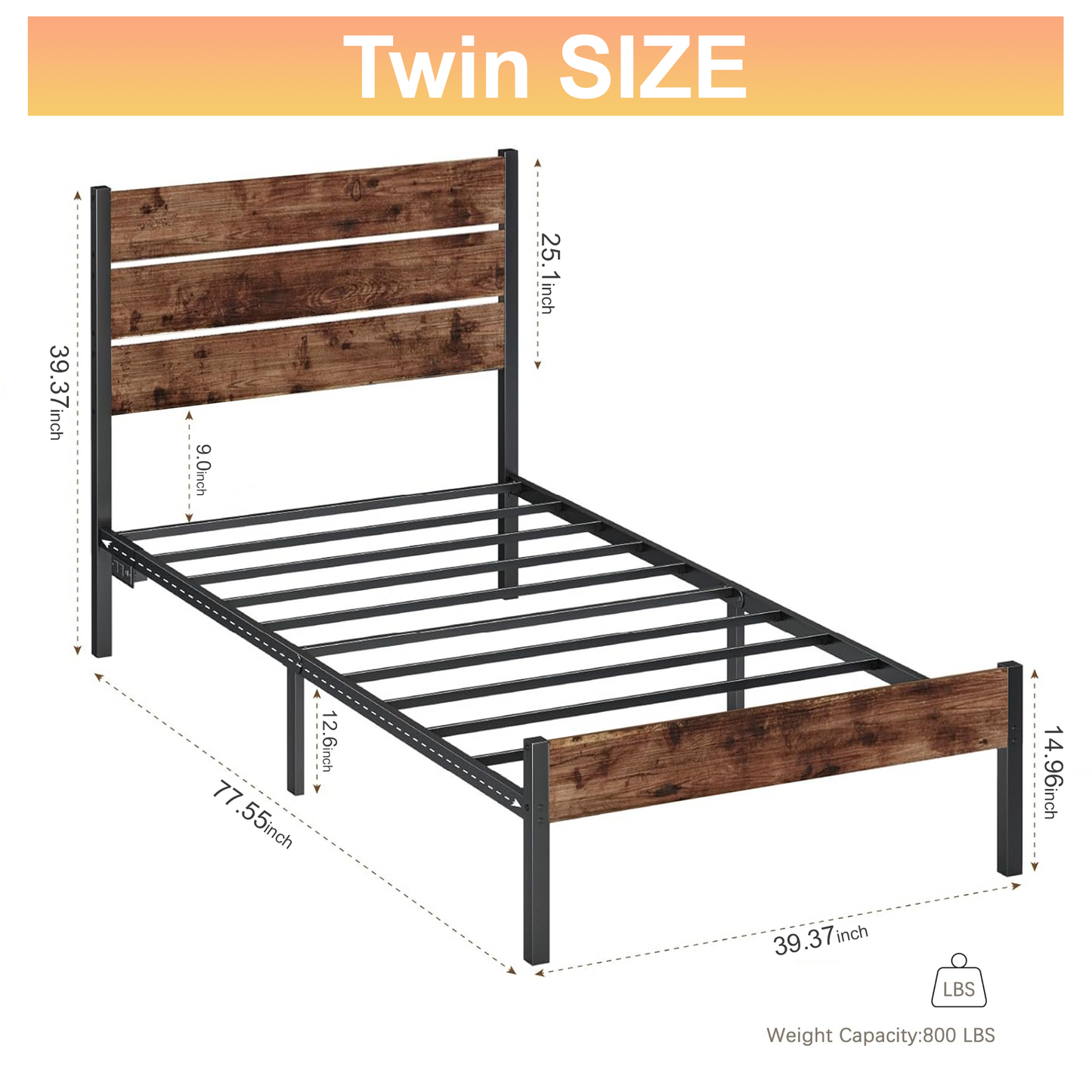 Dowellia Twin Bed Frame with Headboard and Footboard, Metal Support, Rustic Brown