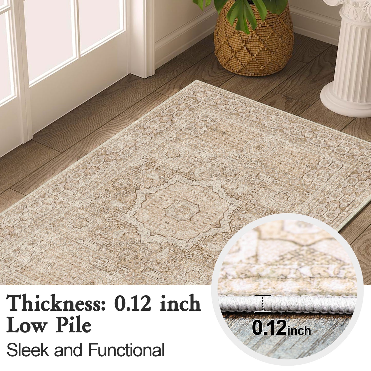 Area Rugs for Living Room 2'x 3' Machine Washable Vintage Print Large Throw Non Slip Bedroom Rugs, Brown