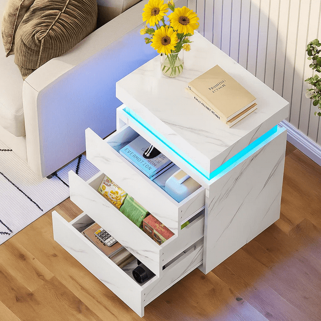 LED Nightstand with LED Lights, Beside Table with 3 Drawers for Bedroom Furniture, Modern End Side Table, White Marble