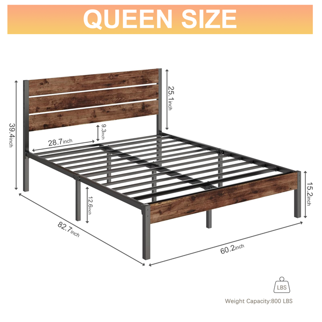 Dowellia Queen Bed Frame with Headboard and Footboard, Metal Support, Rustic Brown