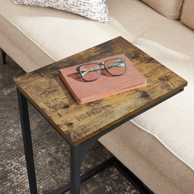 Dowellia C Shaped Metal and Wood Rectangle End Table Side Table for Living Room and Rooms, Brown Finish