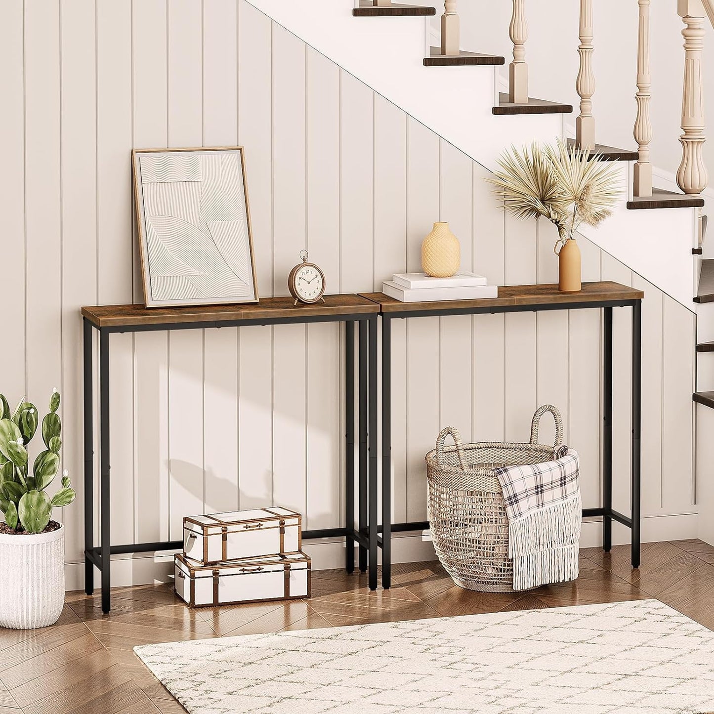 Narrow Console Table, 33.9" Entryway Table Sofa Table or Hallway Table for Living Room, Rustic Brown and Black
