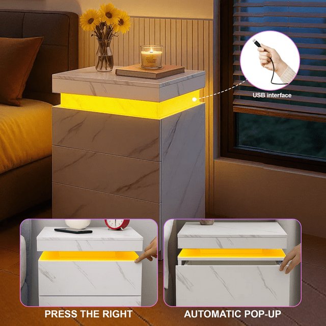 LED Nightstand with LED Lights, Beside Table with 3 Drawers for Bedroom Furniture, Modern End Side Table, White Marble
