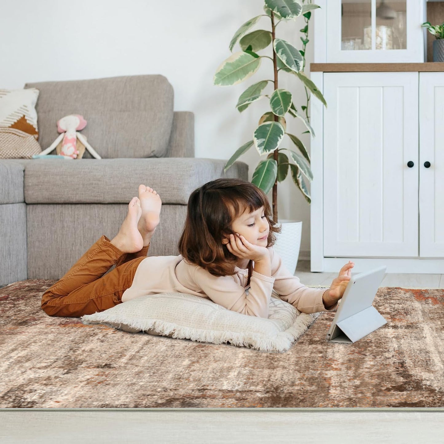 Area Rugs for Living Room 3'x 5' Machine Washable Vintage Print Large Throw Non Slip Bedroom Rugs, Brick Red