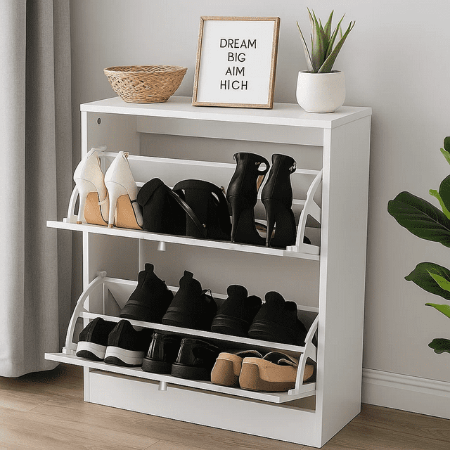 Dowellia 2 Drawer Shoe Cabinet,Wooden Shoes Organizer Cupboard Unit Hallway Furniture,freestanding Entryway 2 tier Modern Shoe Rack Cabinet Footwear Stand for Shoes (Marble White)