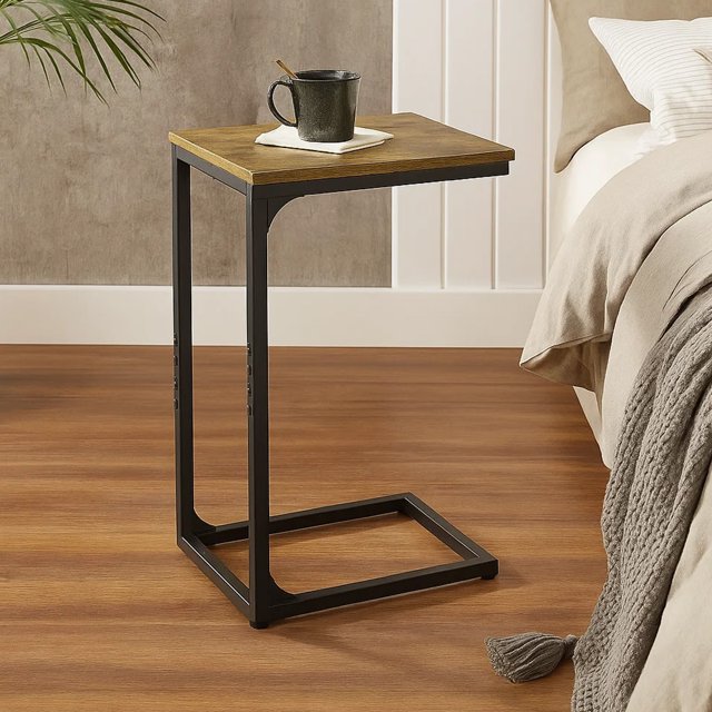 Dowellia C Shaped Metal and Wood Rectangle End Table Side Table for Living Room and Rooms, Brown Finish