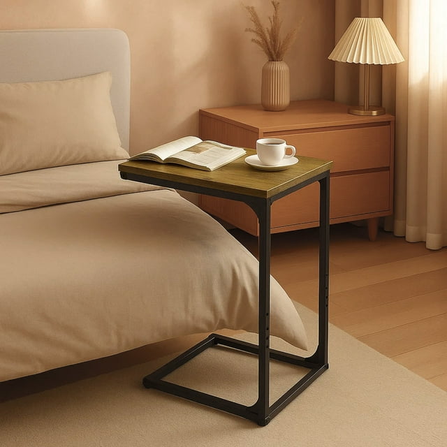 Dowellia C Shaped Metal and Wood Rectangle End Table Side Table for Living Room and Rooms, Brown Finish