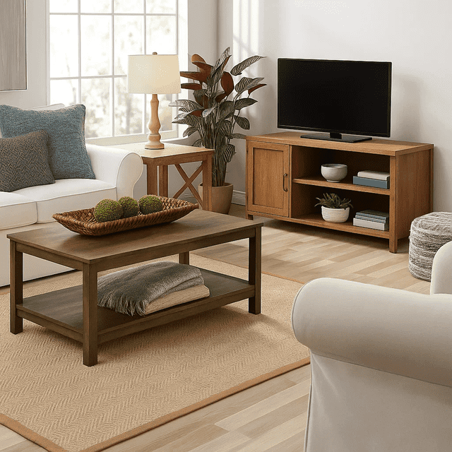 Dowellia Farmhouse Rectangle Coffee Table, Rustic Weathered Oak