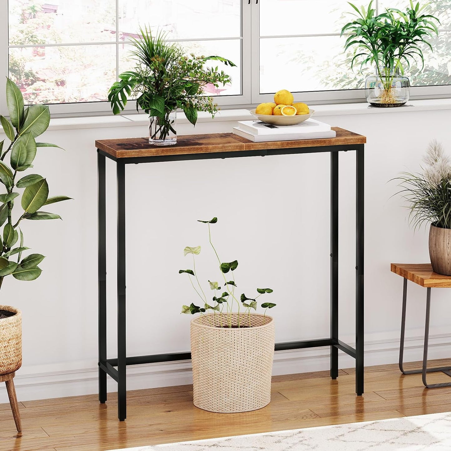 Narrow Console Table, 33.9" Entryway Table Sofa Table or Hallway Table for Living Room, Rustic Brown and Black