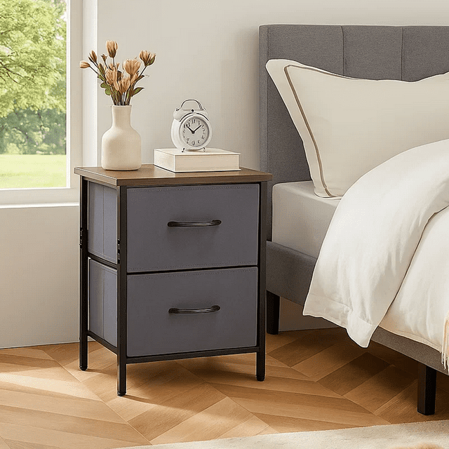 Nightstand, End Table Side Table with 2 Fabric Drawers Bedside Table for Bedroom, Closet, Dorm, Grey