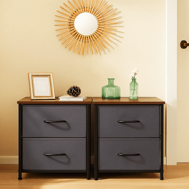 Dowellia Nighstand with 2 Drawer Fabric Storage for Living and Bedroom, Set of 2, Grey