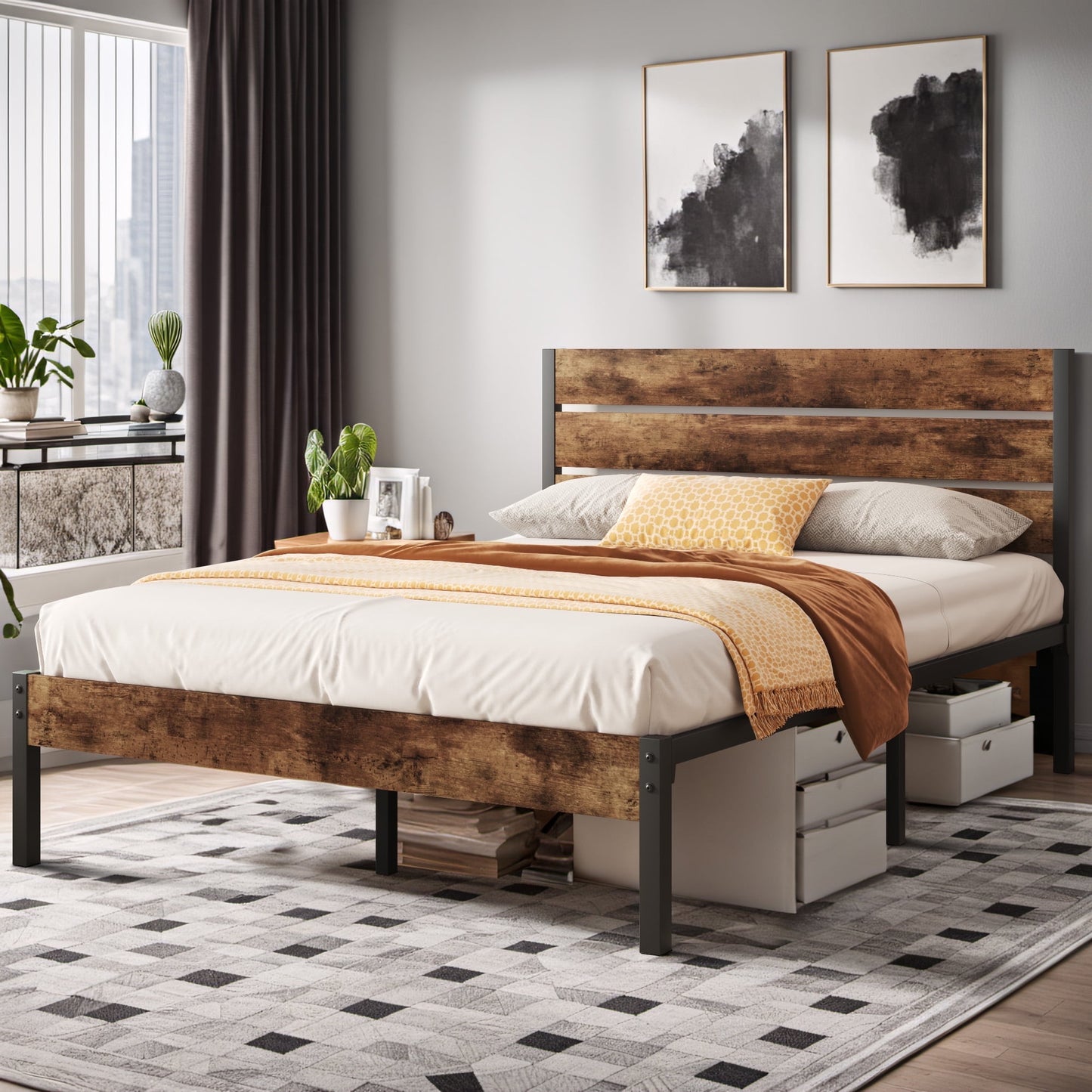 Dowellia Queen Bed Frame with Headboard and Footboard, Metal Support, Rustic Brown