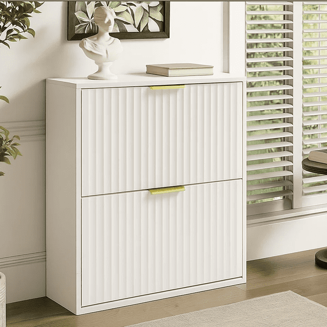 Dowellia Shoe storage cabinet with 2 flip-out drawers, Narrow shoe storage cabinet for entrance hall, Shoe storage cabinet in white wood