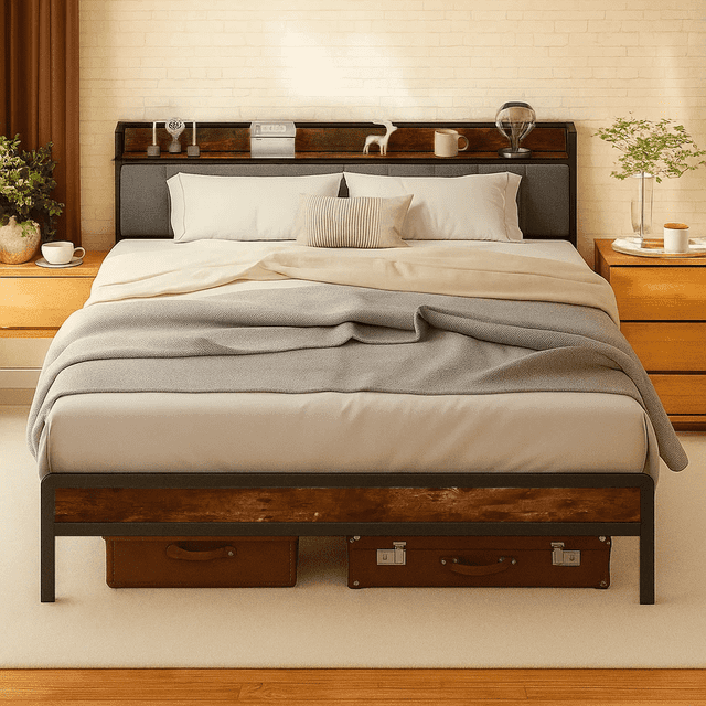 Dowellia Queen Bed Frame with Upholstered Storage Headboard and Wood Footboard, Gray