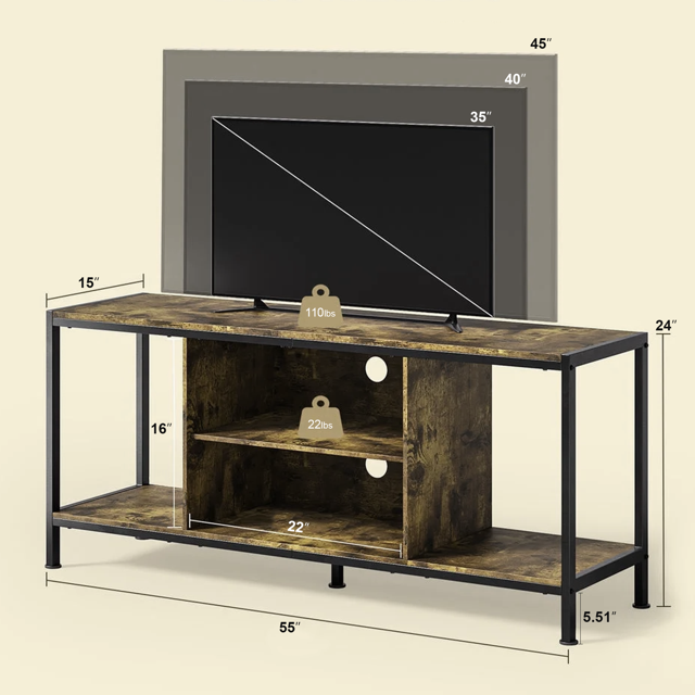 Dowellia Mid-Century Wooden TV Stand for TVs up to 60" with Open Storage Shelves and Metal Frame - Retro