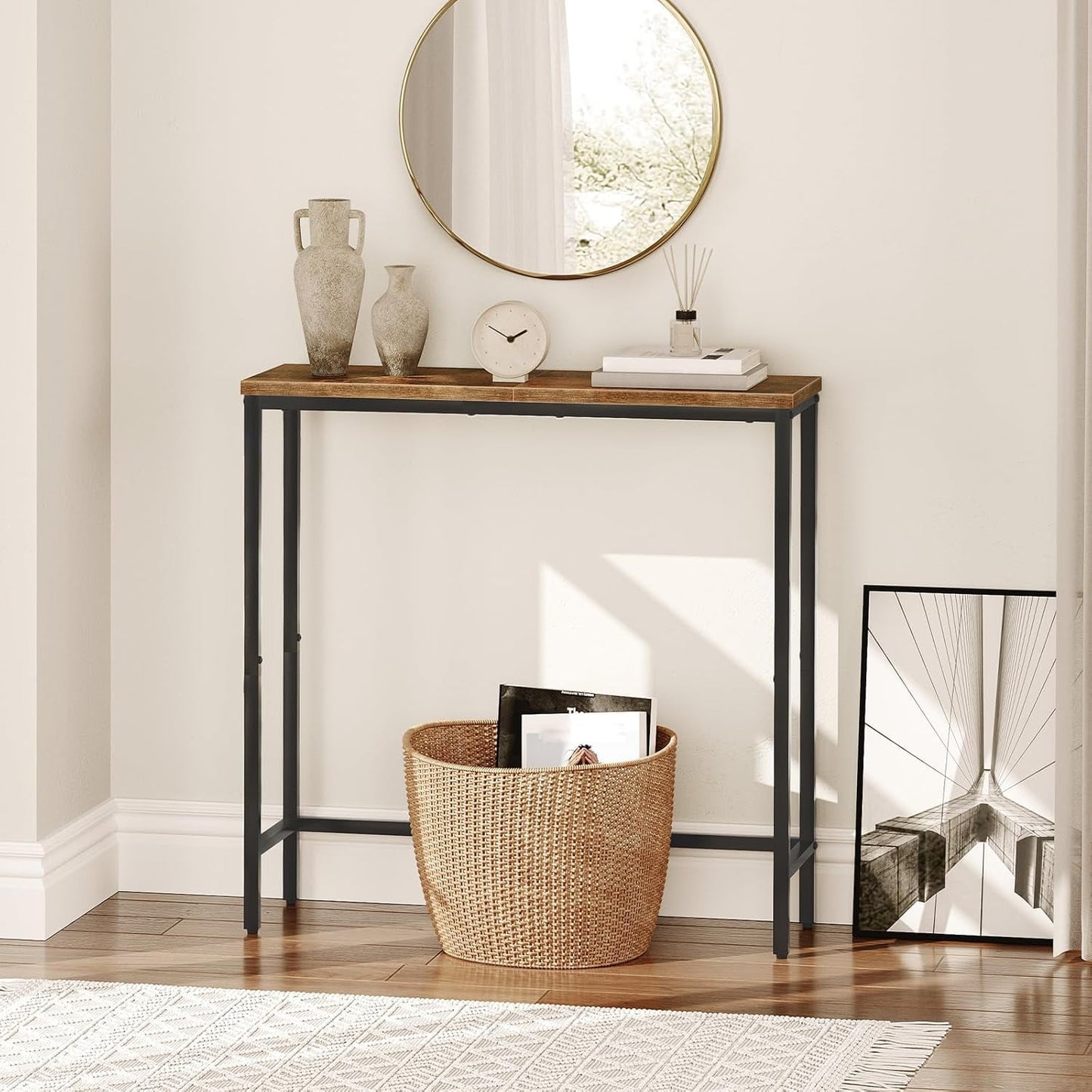 Narrow Console Table, 33.9" Entryway Table Sofa Table or Hallway Table for Living Room, Rustic Brown and Black