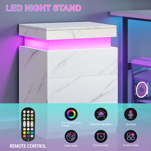 LED Nightstand with LED Lights, Beside Table with 3 Drawers for Bedroom Furniture, Modern End Side Table, White Marble