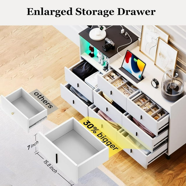 Dresser, Wooden Chest of Drawer for Bedroom, 8 Drawers Dresser with Charging Station, White
