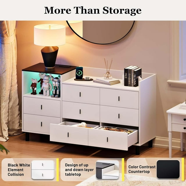 Dresser, Wooden Chest of Drawer for Bedroom, 8 Drawers Dresser with Charging Station, White