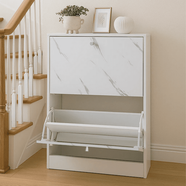 Dowellia 2 Drawer Shoe Cabinet,Wooden Shoes Organizer Cupboard Unit Hallway Furniture,freestanding Entryway 2 tier Modern Shoe Rack Cabinet Footwear Stand for Shoes (Marble White)