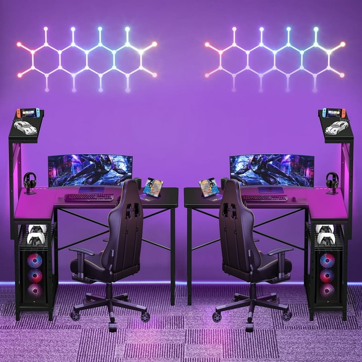 L Shaped Desk Gaming Desk with Power Outlet, 42 inch Reversible L Shaped Computer Table with Shelf & Storage Bag & Hook for Home Office, Black