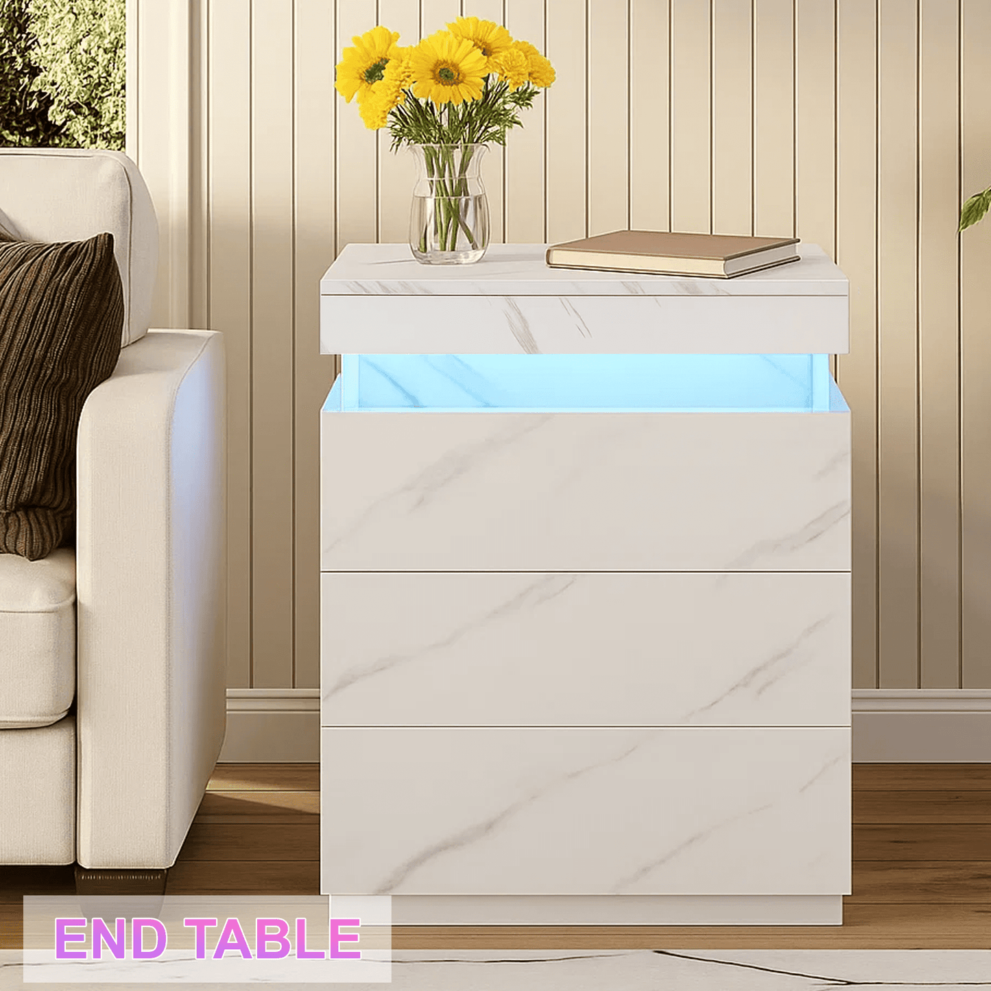 LED Nightstand with LED Lights, Beside Table with 3 Drawers for Bedroom Furniture, Modern End Side Table, White Marble