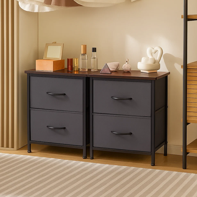 Dowellia Nighstand with 2 Drawer Fabric Storage for Living and Bedroom, Set of 2, Grey