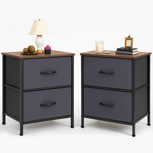 Dowellia Nighstand with 2 Drawer Fabric Storage for Living and Bedroom, Set of 2, Grey